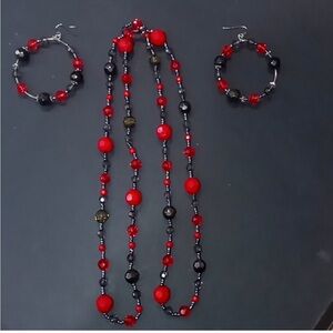 Smokey Black & Red Beaded Necklace & Earring Set.